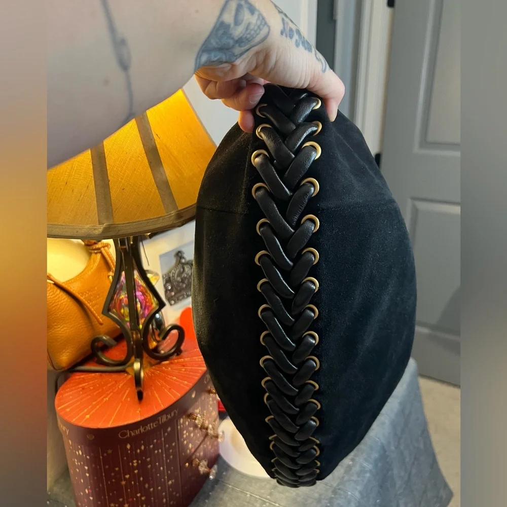 Tahari Black Suede & Braided Braided Leather Shoulder Bag